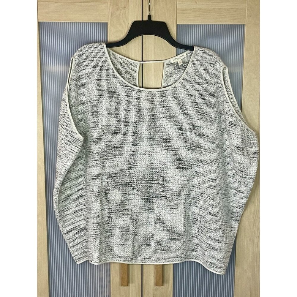 Eileen Fisher Gray Ivory Top Sz PM Ballet Neck Coastal Cotton Beach Summer Shirt
